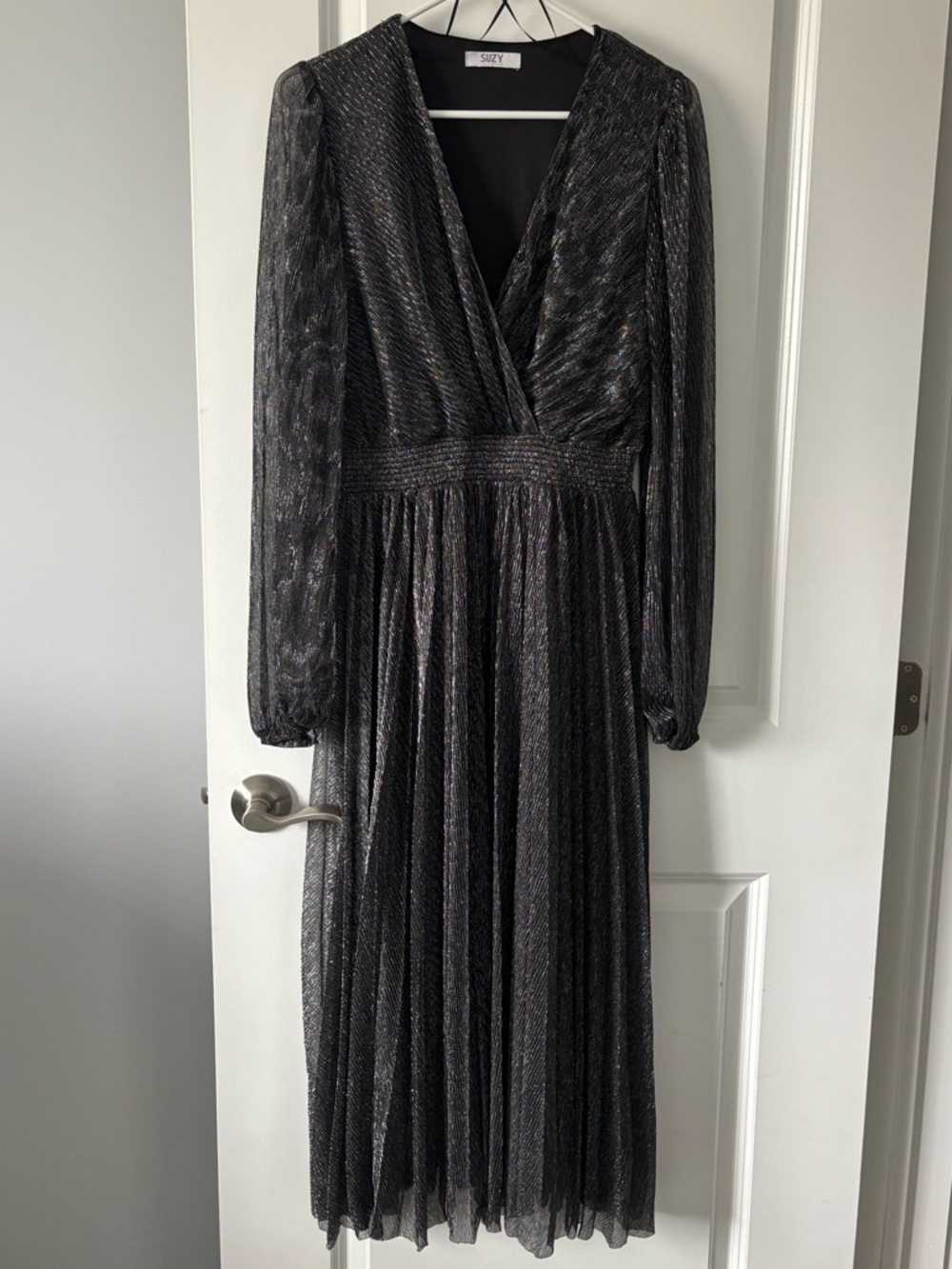 Suzy Shier Black Metallic Long Sleeve V-Neck Dress